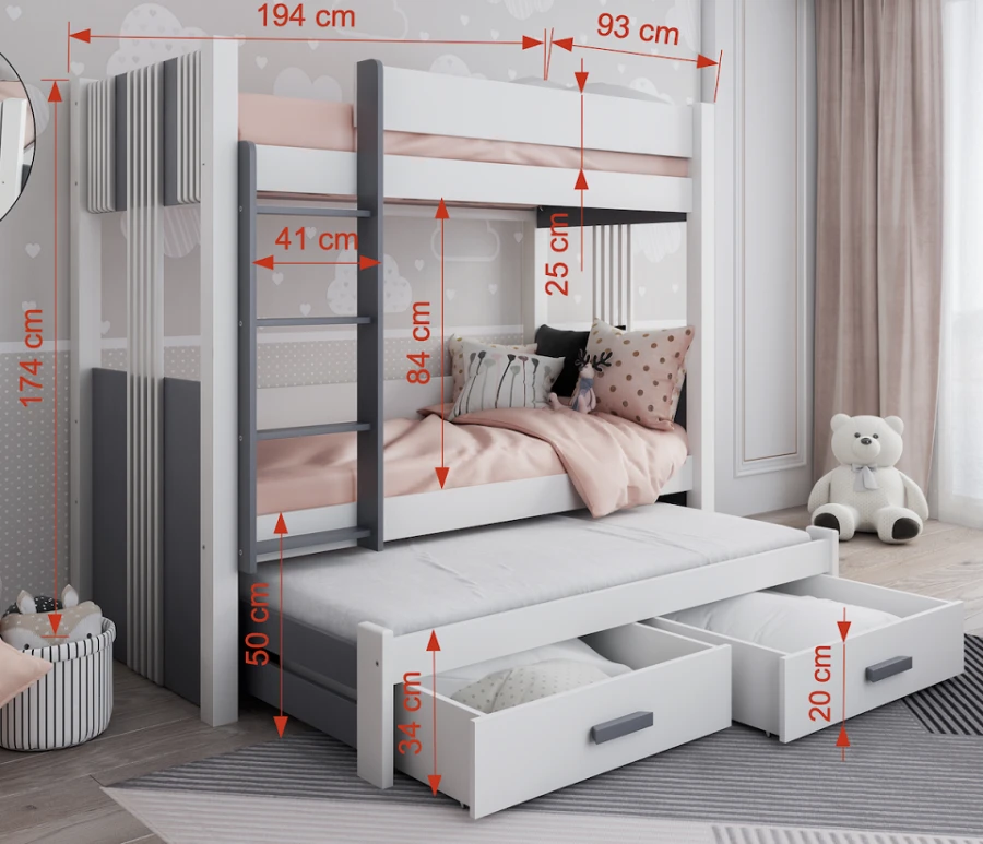 Weiß-graues Etagenbett mit Ausziehbett und Maßen, perfekt für Geschwisterzimmer mit Stauraum.