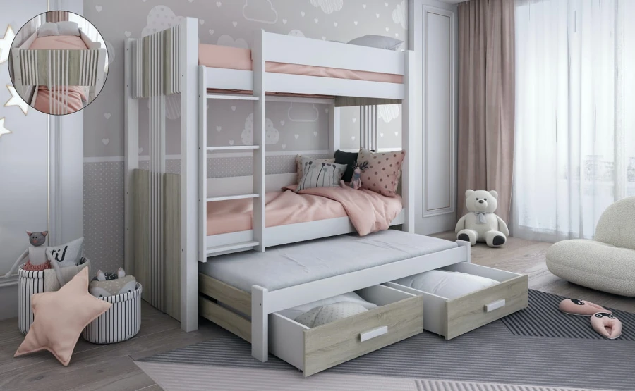 Modernes 3-Personen-Etagenbett in Weiß und Grau mit funktionalem Ausziehbett für Kinder.