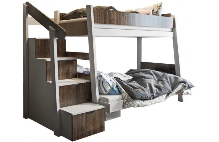 Etagenbett Kinderbett Hochbett MAYA Weiss Acryl  + Walnuss MDF'.jpg