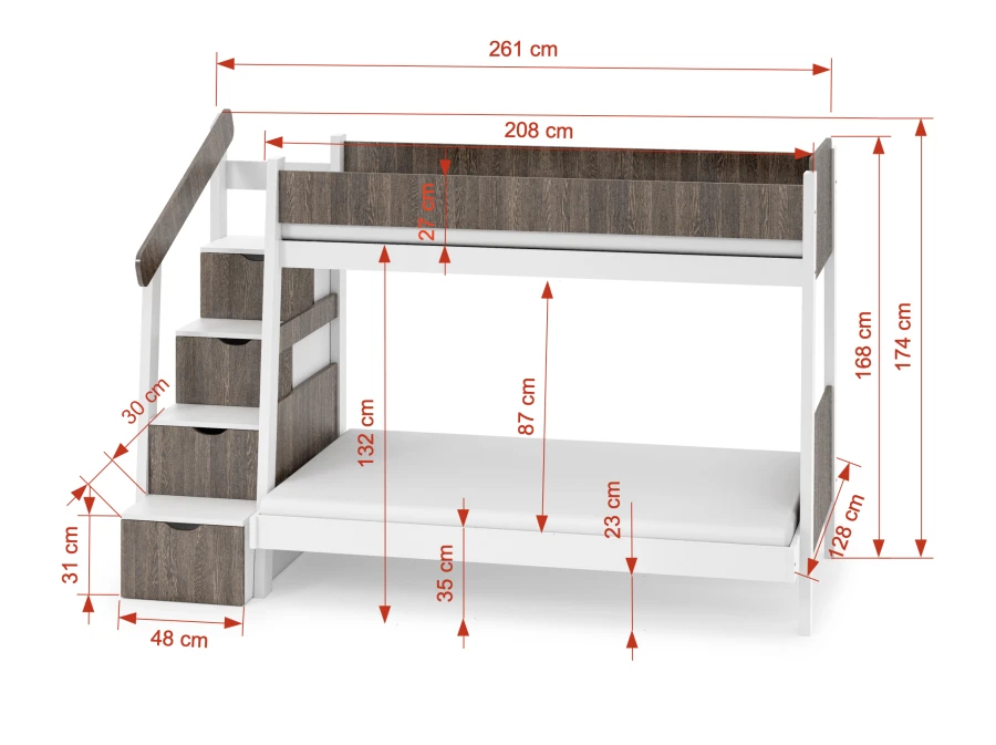 Maßskizze für ein Etagenbett mit Treppe: Detailansicht der Abmessungen in cm.