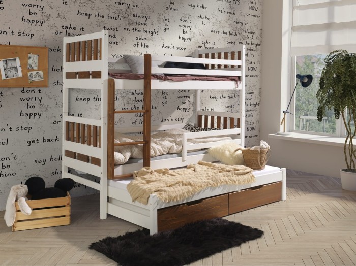 Etagenbett Hochbett Kinderbett Ausziehbett für 3 Kinder KIM Weiss acryl + Eiche Beize.jpg