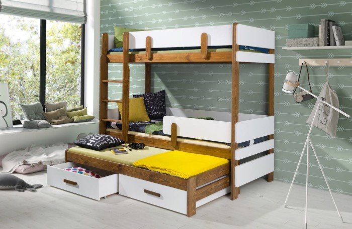 Etagenbett Kinderbett Hochbett Ausziehbett für 3 Kinder ELLEN III Erle Beize + Weiss.jpg