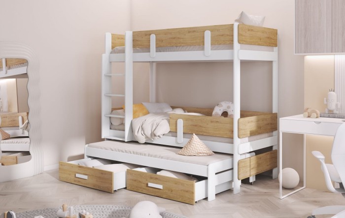 Etagenbett Kinderbett Hochbett Ausziehbett für 3 Kinder ELLEN III Weiss Acryl + Eiche Gold.jpg