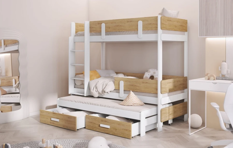 Weißes Stockbett in Holzoptik mit ausziehbarem Gästebett und zwei Schubladen im Kinderzimmer.