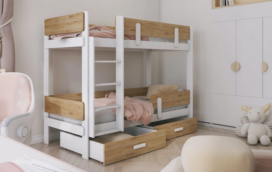 Stabiles Kinder-Stockbett in Weiß und Eiche mit Leiter und zwei praktischen Bettschubladen.
