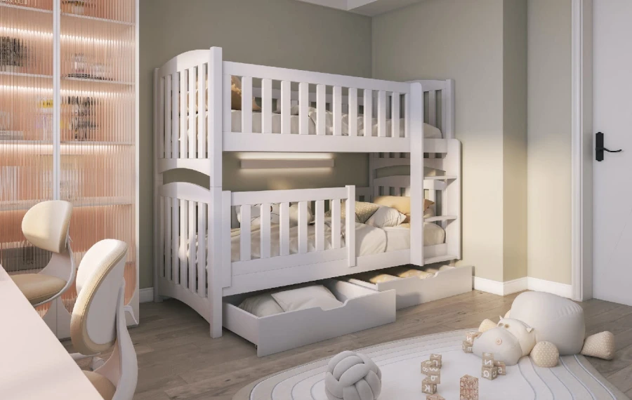 Weißes Kinder-Etagenbett aus Massivholz mit integrierter Leiter und zusätzlichem Stauraum.