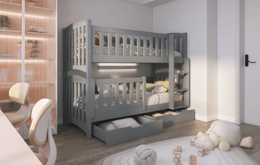 Grijs stapelbed van massief hout met twee laden in een moderne kinderkamer.