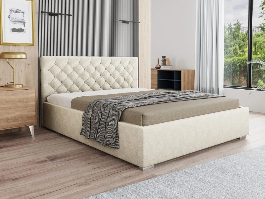 Modernes Polsterbett in Beige mit elegant gestepptem Kopfteil für das Schlafzimmer.
