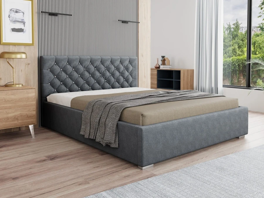 Dunkelgraues Polsterbett in Anthrazit mit stilvoller Steppung im modernen Design.