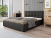 Anthrazitfarbenes Polsterbett mit Knopfheftung für ein elegantes Schlafzimmer.
