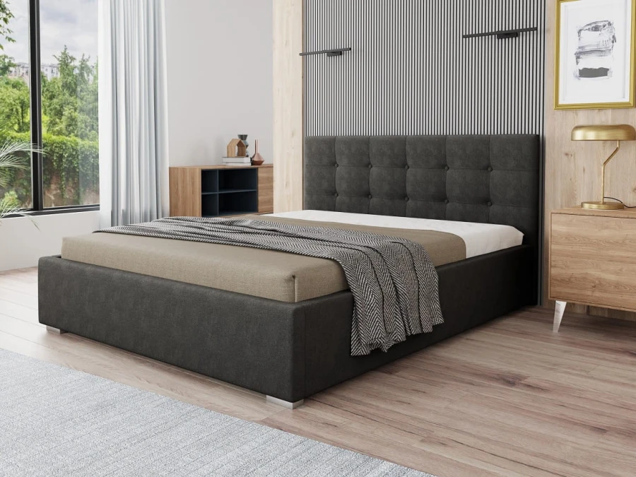 Anthrazitfarbenes Polsterbett mit Knopfheftung für ein elegantes Schlafzimmer.