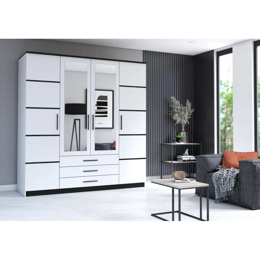 Moderner weißer Kleiderschrank als stilvolles Möbelstück im hellen Wohnzimmer.