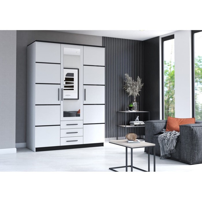 Kleiderschrank SAMI 3D 150 cm Weiß 3-türig inkl. Spiegel und Schubladen'.jpg