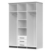 Innenleben Kleiderschrank: Aufteilung mit Kleiderstangen, Fächern und Schubfächern.
