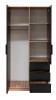 Offener Kleiderschrank mit Kleiderstange, Regalböden und drei schwarzen Schubladen.