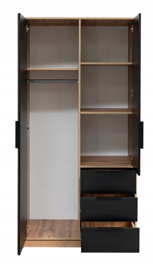 Offener Kleiderschrank mit Kleiderstange, Regalböden und drei schwarzen Schubladen.