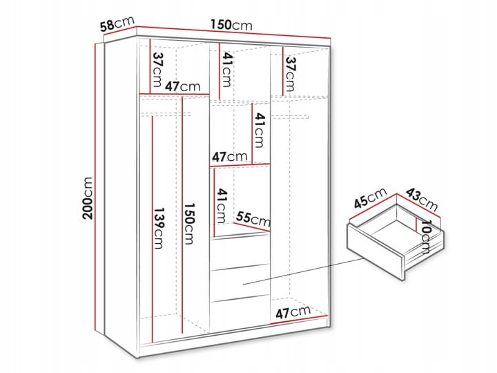 Maßskizze für einen 150cm breiten Kleiderschrank mit Detailansicht der Schublade.
