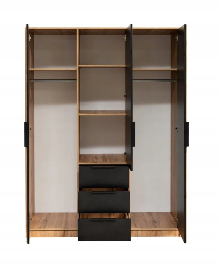 Vollständig geöffneter 3-türiger Kleiderschrank in Eiche und Schwarz mit viel Stauraum.