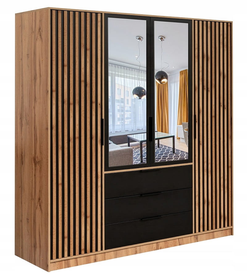 Moderner Kleiderschrank Artisan Eiche mit Spiegeln, Lamellen-Optik und Schubladen.