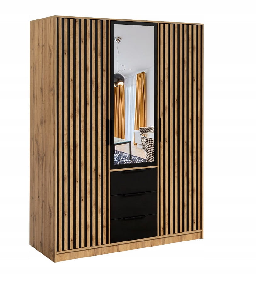 Kleiderschrank in Eiche-Optik mit schwarzen Lamellen, Frontspiegel und drei Schubladen.