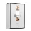 Eleganter weißer Kleiderschrank mit Spiegel, schwarzen Akzentstreifen und drei Schubladen.
