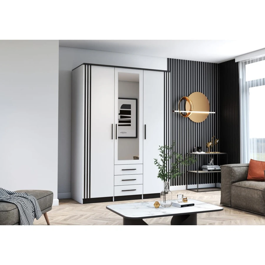 Stilvoller weißer Schrank mit Spiegel und Lamellen-Design in einem modernen Wohnbereich.
