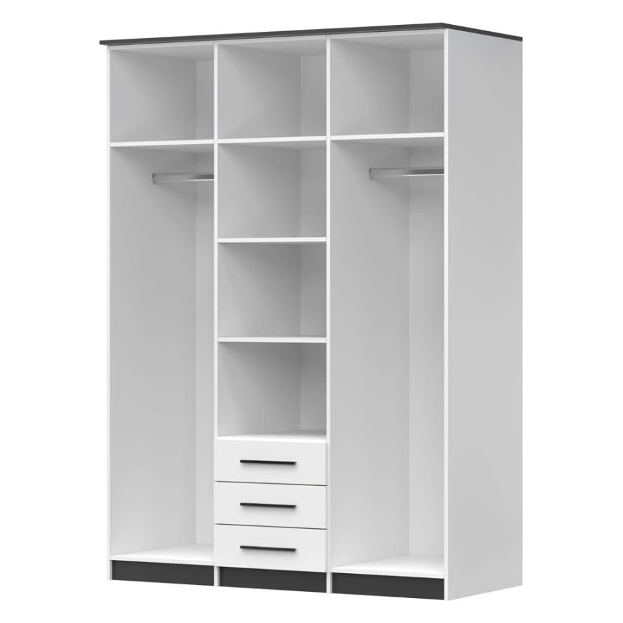 Organisiertes Innenleben eines Kleiderschranks mit Ablagefächern und Kleiderstangen.