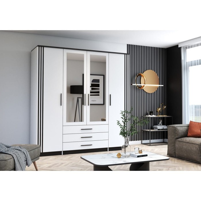 Kleiderschrank SAMI II 4D 200 cm Weiß 4-türig inkl. Spiegel und Schubladen.jpg