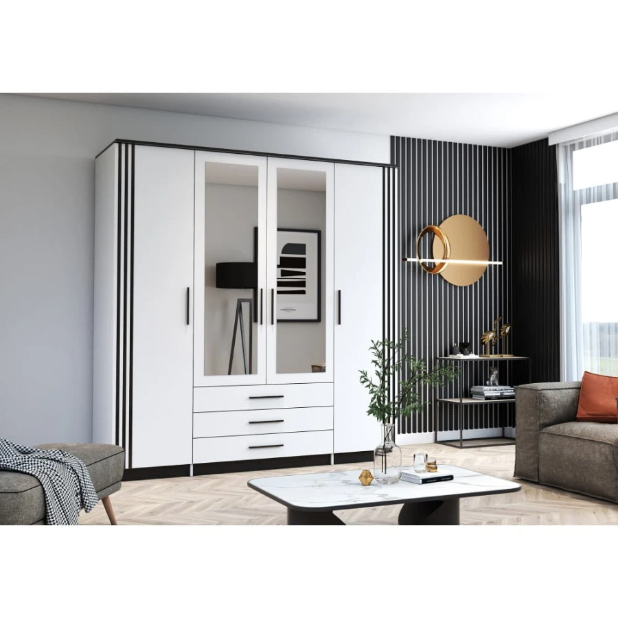 Viertüriger weißer Kleiderschrank mit doppelter Spiegelfront und Schubladen im Schlafzimmer.