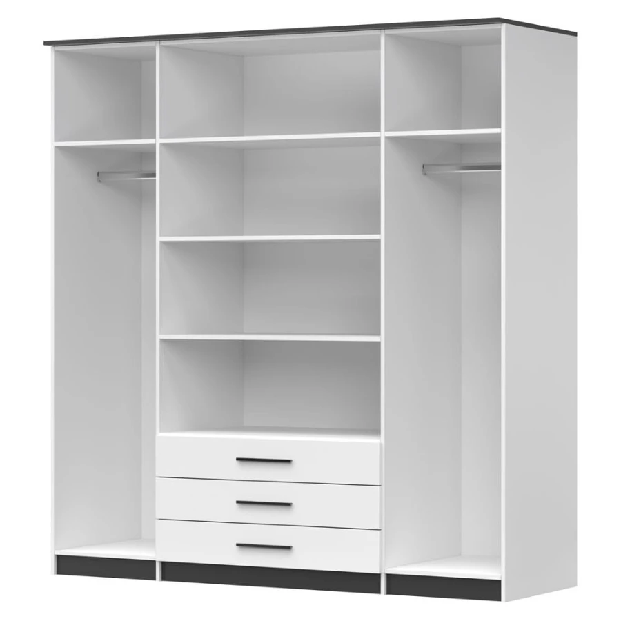 Innenaufteilung eines weißen Kleiderschranks mit Kleiderstangen und vielen Regalfächern.