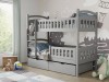 Graues Etagenbett für Kinder mit Leiter und praktischen Schubladen im Kinderzimmer.