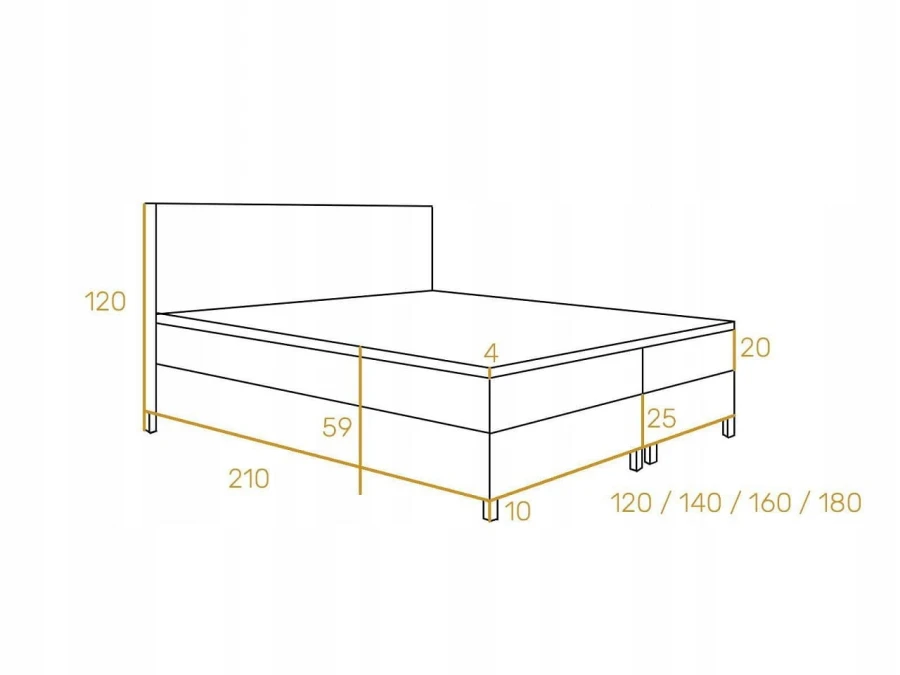 Maßskizze für ein Polsterbett mit Angaben zu Höhe, Breite und Tiefe in Zentimetern.