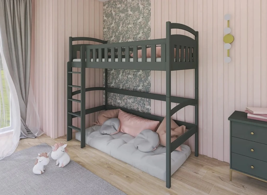Dunkles Kinderbett aus Holz im skandinavischen Design für moderne Kinderzimmer.