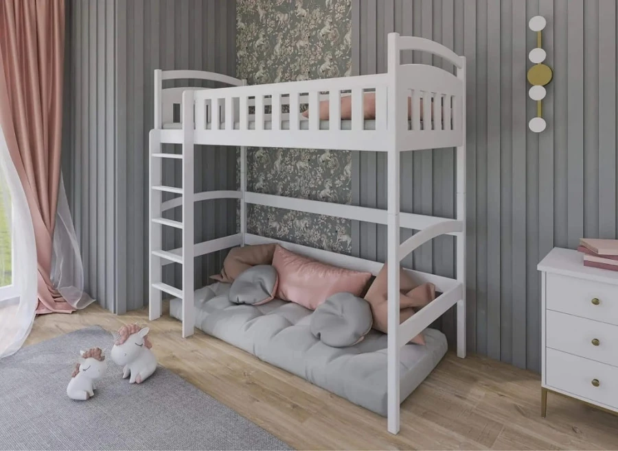 Weißes Hochbett aus Massivholz für Kinder mit integrierter Leiter und gemütlicher Kuschelecke darunter.