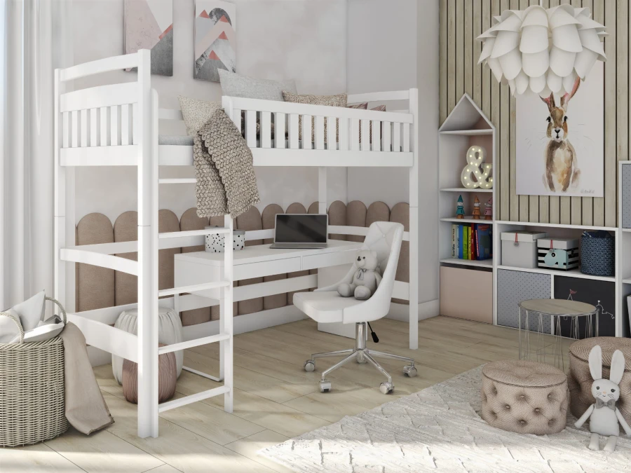 Weißes Hochbett mit integriertem Schreibtisch und Stuhl in einem modern eingerichteten Kinderzimmer.