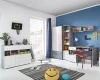 Trendiges Jugendzimmer-Set in Weiß und Grau mit Schreibtisch, Kleiderschrank und Deko.