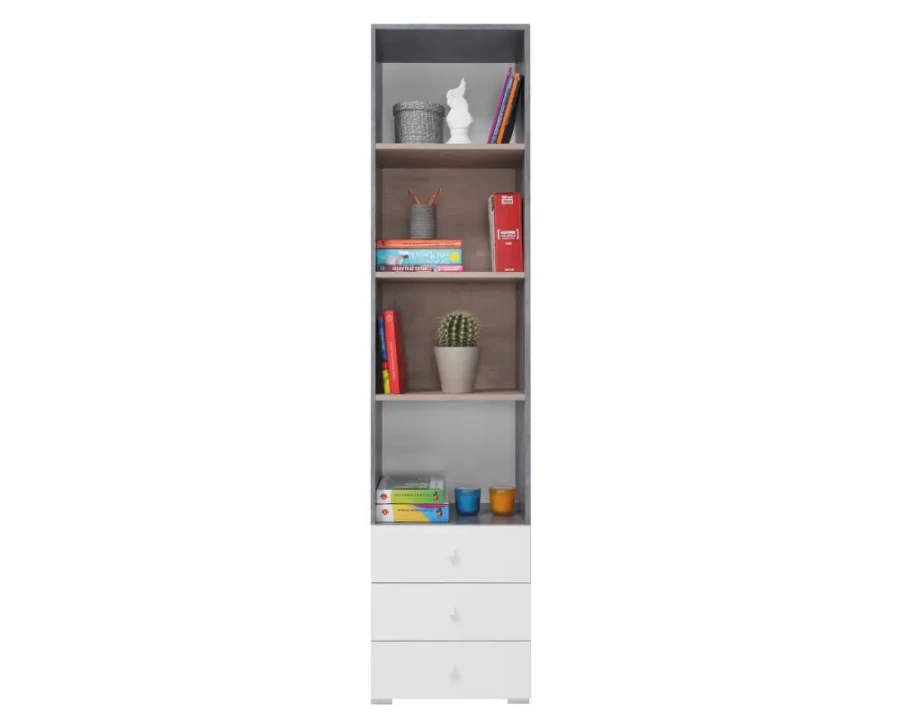 Schmales Bücherregal in Grau-Weiß mit 3 Schubladen für das Jugendzimmer.