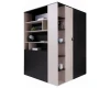 Multifunktionaler Eckschrank in Schwarz und Eiche mit offenen Regalen.