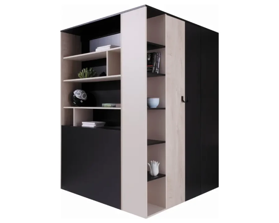 Multifunktionaler Eckschrank in Schwarz und Eiche mit offenen Regalen.