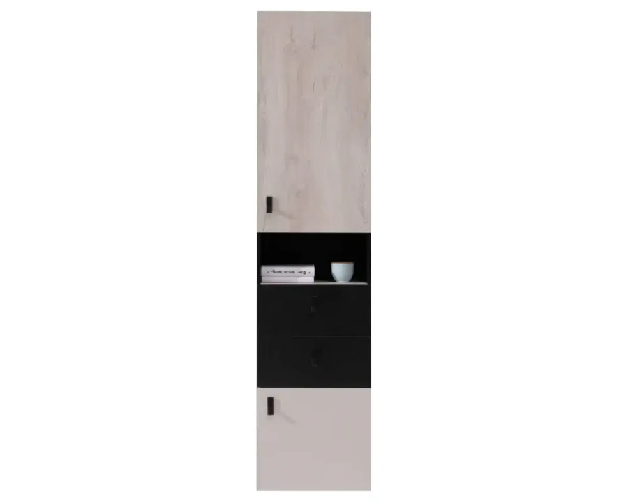 Hoher schmaler Schrank mit Holztüren und schwarzen Schubladenelementen.