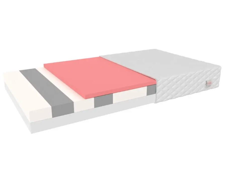 Matratzen-Querschnitt mit Komfortschichten aus mehrfarbigem Schaumstoff für ergonomischen Schlaf.