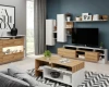 Moderne Wohnwand in Eiche-Optik und Weiß mit TV-Möbeln und Couchtisch.