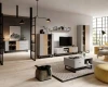 Modernes Wohnzimmer-Set in Grau und Eiche mit TV-Board, Highboard und Couchtisch.