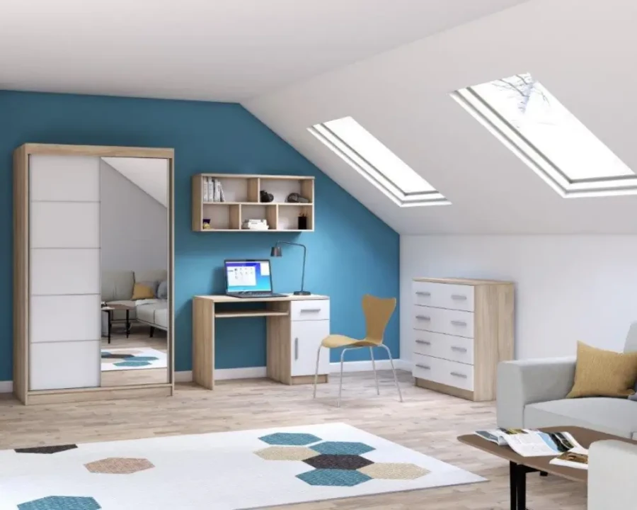 Möbelset für Jugendzimmer oder Büro mit Schreibtisch und Kleiderschrank in Eiche-Weiß.
