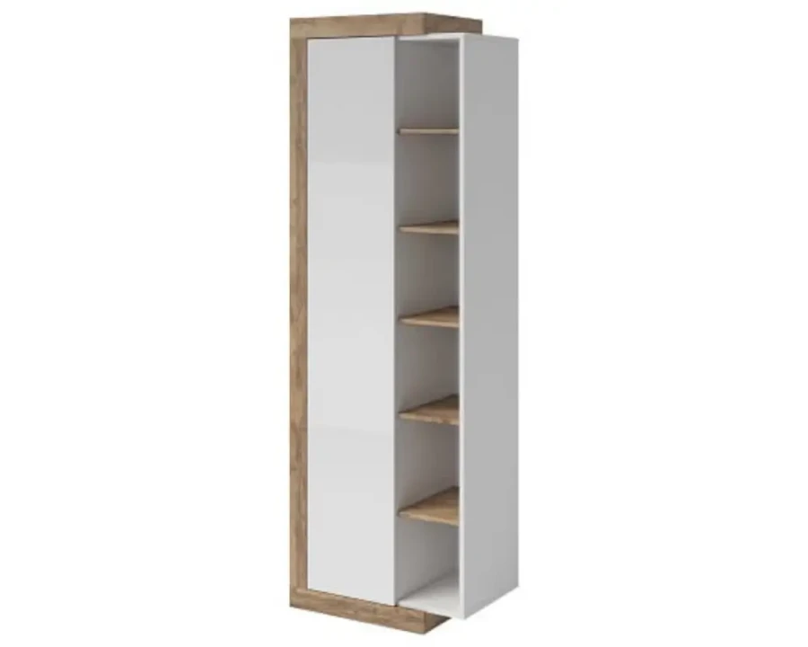 Schmaler Hochschrank in Weiß und Eiche mit offenen Regalfächern an der Seite.