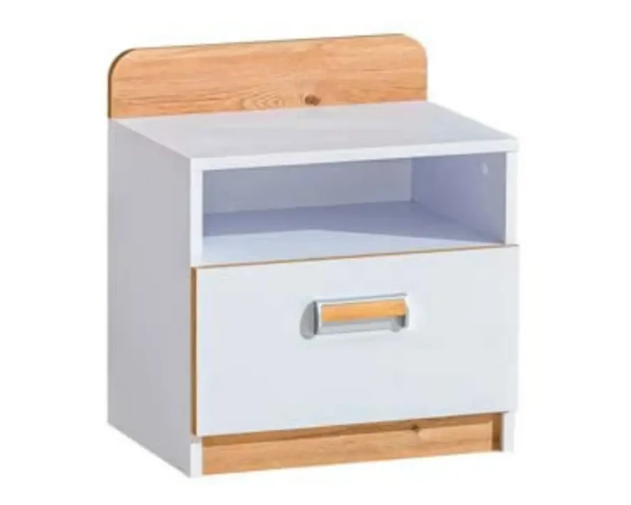Moderner Nachttisch in Weiß und Holz-Design mit einer Schublade und offenem Ablagefach.