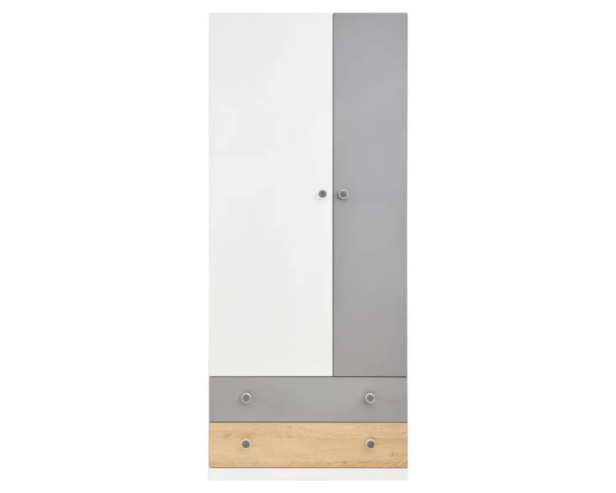 Moderner Kleiderschrank in Weiß, Grau und Eiche mit zwei Türen und zwei geräumigen Schubladen.