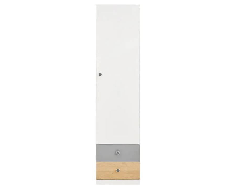 Schmaler Hochschrank in Weiß, Grau und Eiche mit einer Tür und zwei Schubladen.