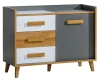 Modernes Sideboard in Grau und Weiß mit drei Schubladen und einer Schranktür.