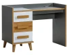 Grauer Schreibtisch mit drei Schubladen in Weiß und Holzoptik für das Arbeitszimmer.